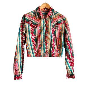 Vintage Western Aztec Dust Popper Cropped Button Up Shirt Small 19x26